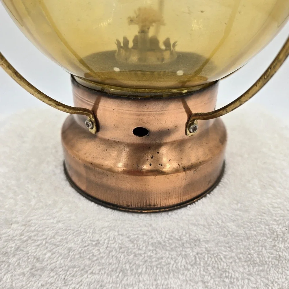 Vintage Copper Hanging Kerosene Oil Lamp Orange Amber Glass Globe Sea World